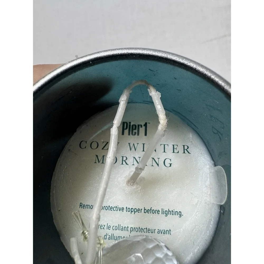 Pier 1 Cozy Winter Morning Pillar Candle Blue Glass Gem Holiday AB1907 6oz